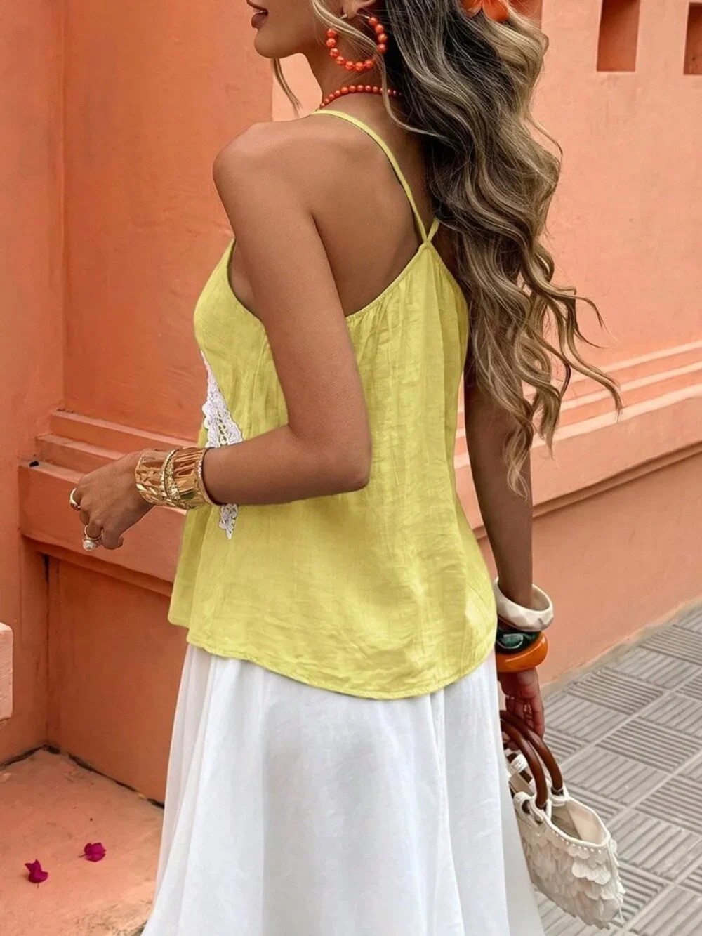 Yellow Casual Women's Vacation Beach Lace Trim Camisole Top - Picture 4 of 6